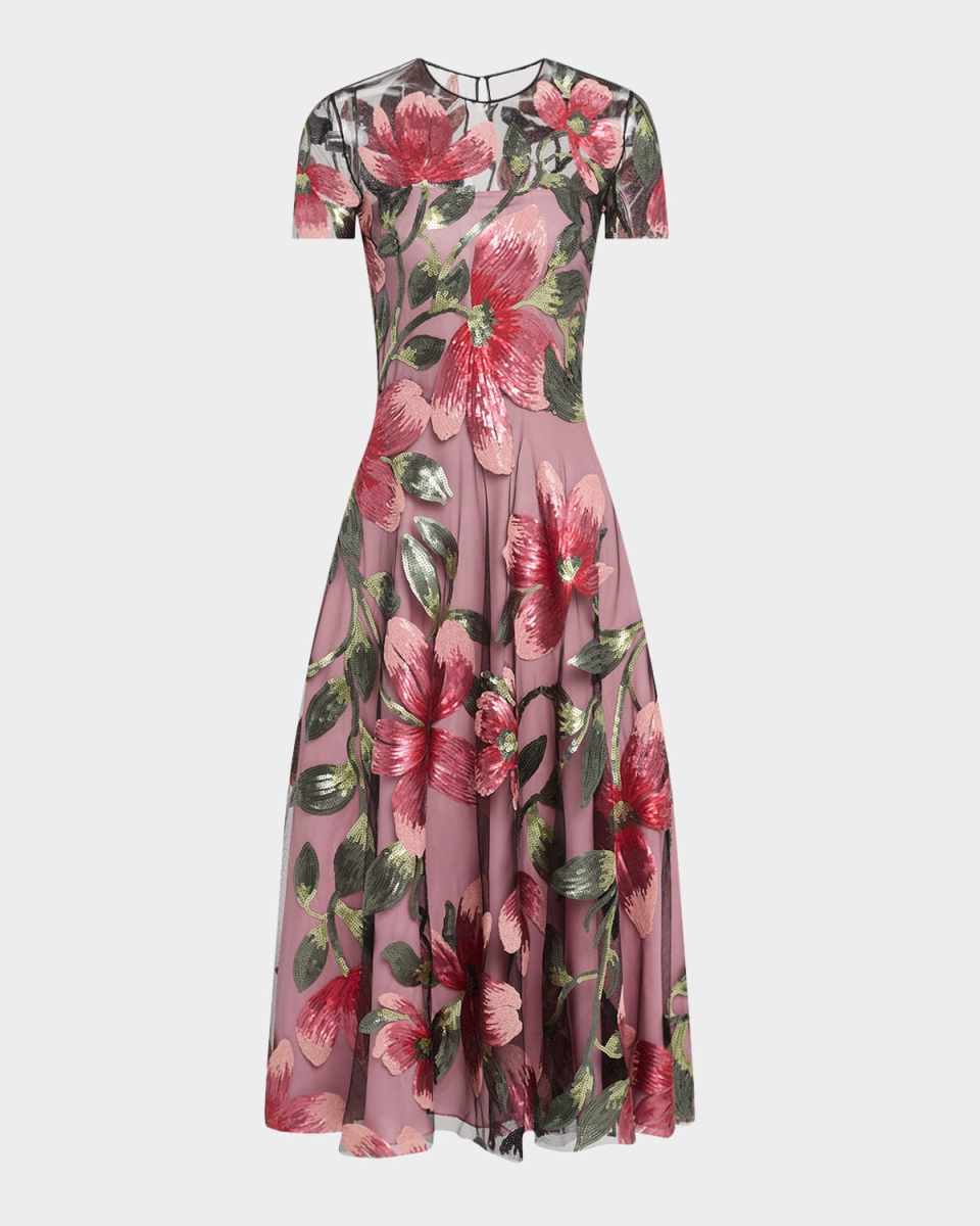 Floral Matte Sequined Tulle Cap-Sleeve Cocktail Dress